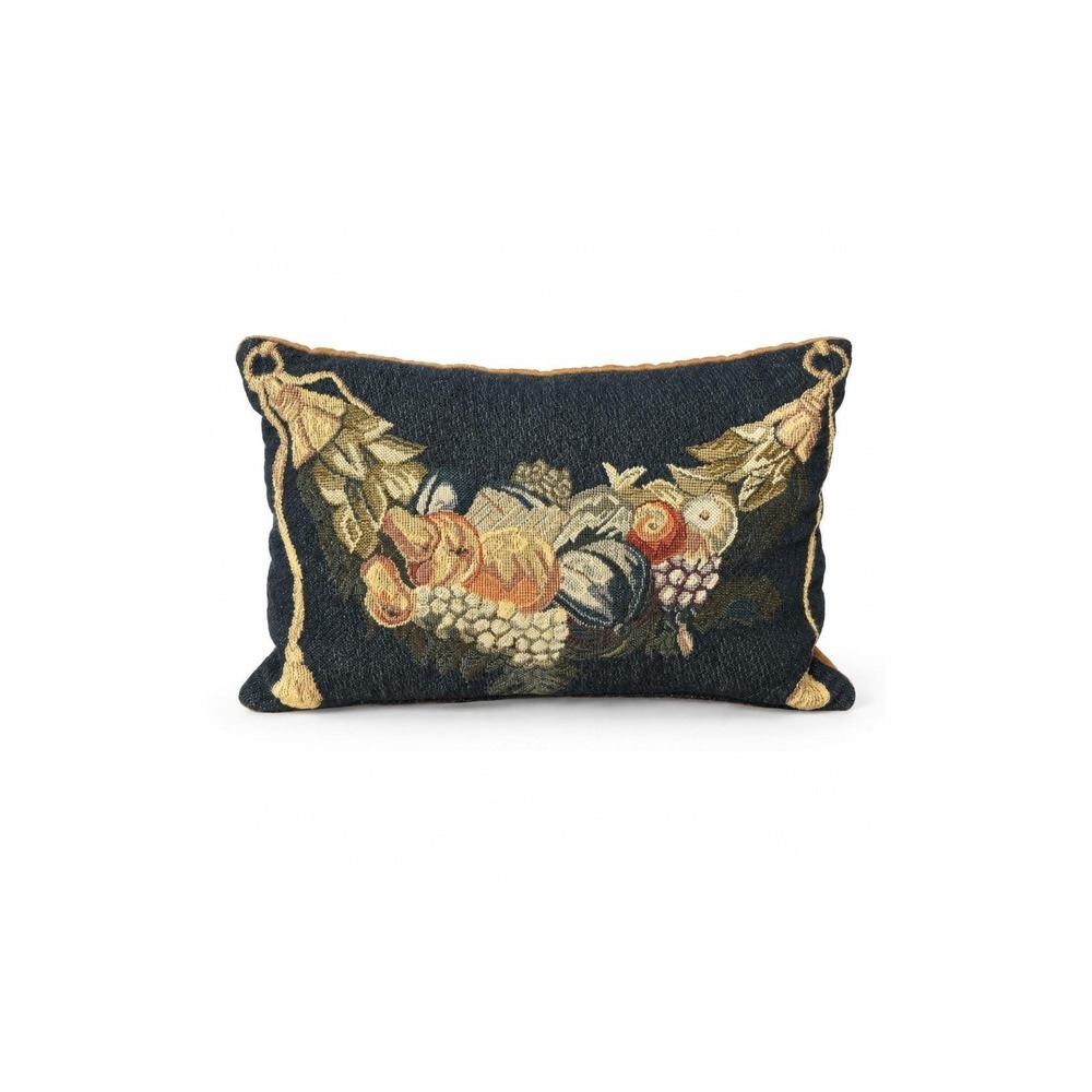 Fruit Harvest Tapestry Lumbar Throw Pillow 12x8 Navy Gold Tassel Accent
